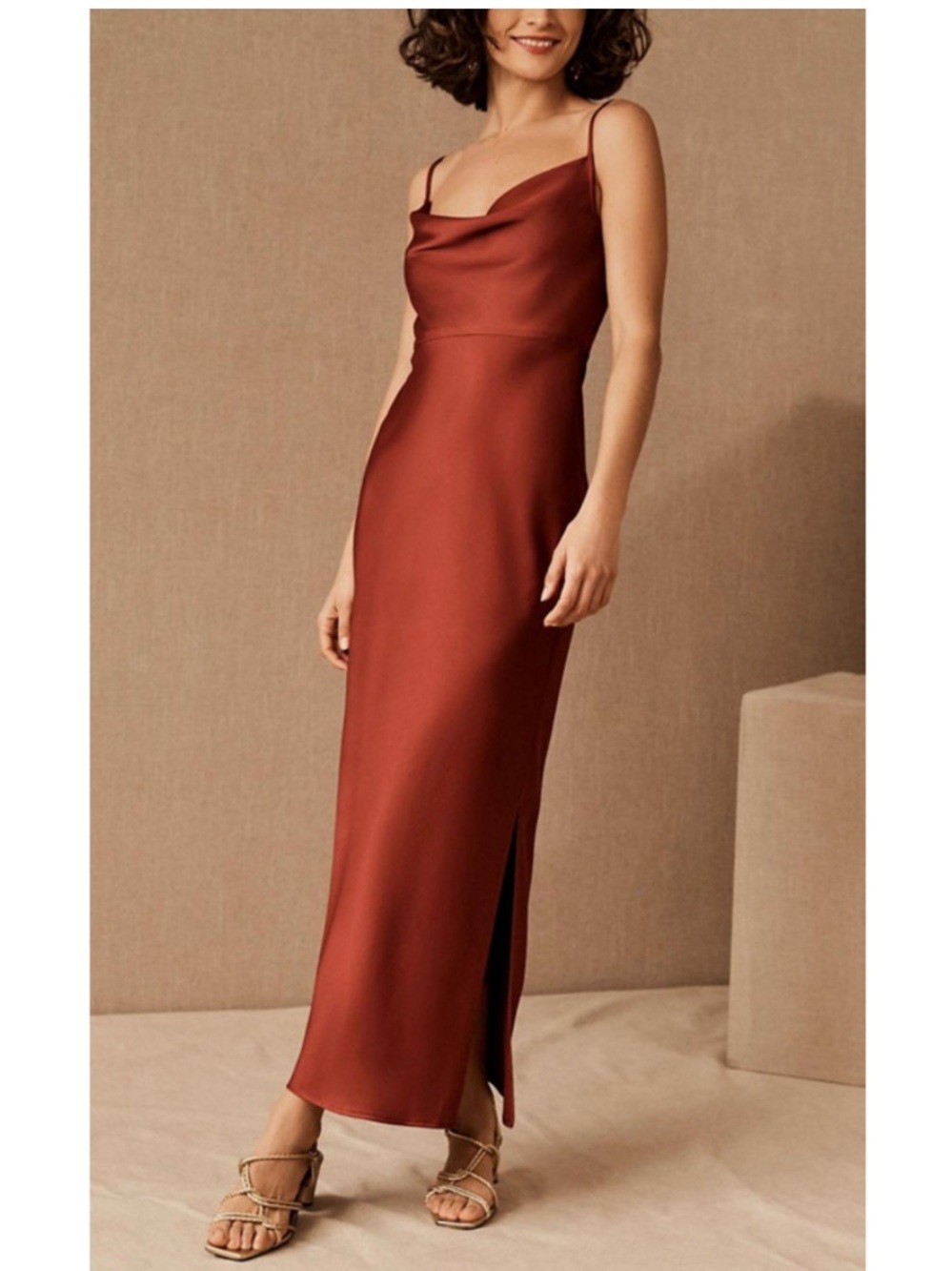 BHLDN Rust Red Satin Cowl Neck Midi Dress